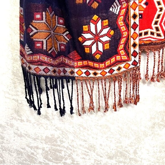 TIME FOR ME Aztec Print Cardigan with Fring Blue/Red Oversized Boho Size S/M - Picture 7 of 10